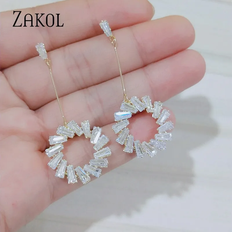 Женские серьги ZAKOL круглые Багет с цирконием из фианита для свадьбы и украшения