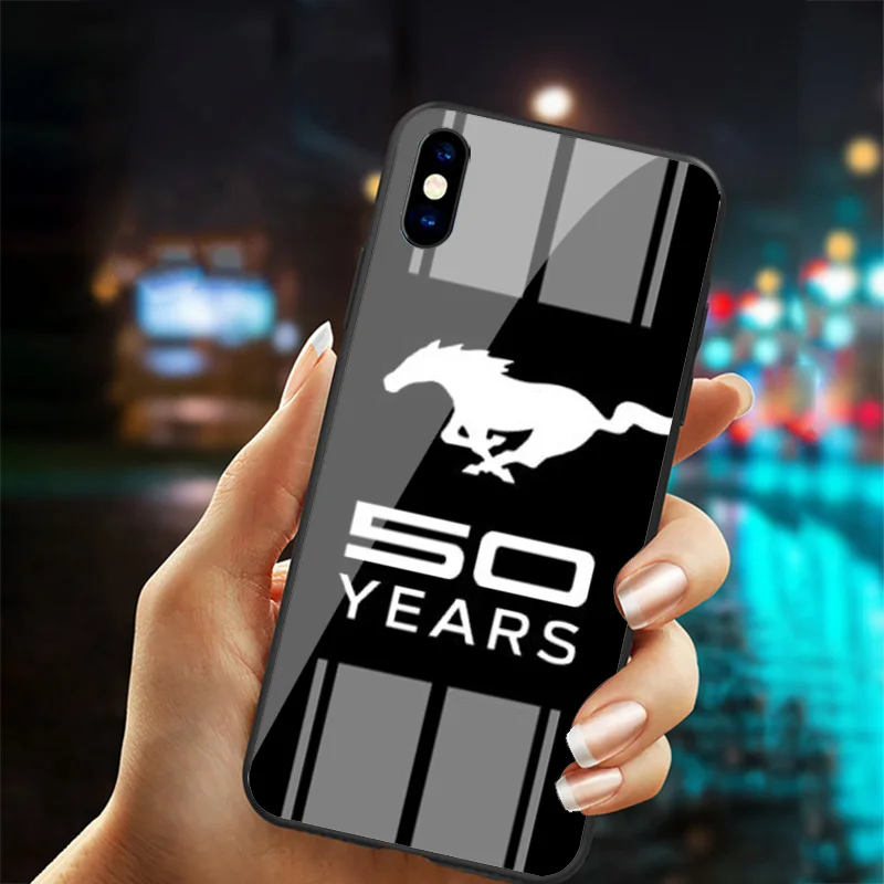 ТПУ+ закаленное стекло Mustang логотип 50 лет чехол для телефона для iphone X XR XS MAX 7 6 6S 8 plus для iphone 11 pro max Mustang чехол - Цвет: Бежевый