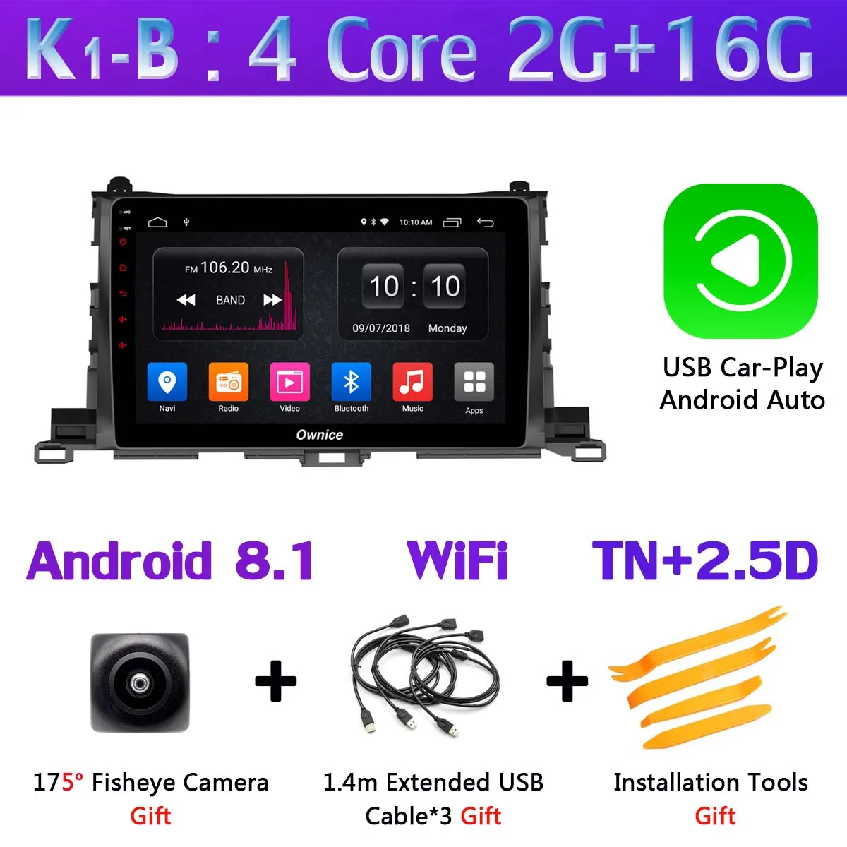 360 ° панорамный Android 9,0 4+ 64G gps радио CarPlay SPDIF DSP автомобильный мультимедийный плеер для Toyota Highlander - Цвет: K1-B-CarPlay