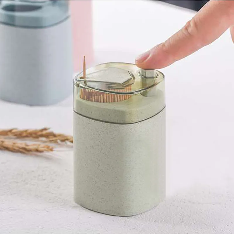 

Automatic Toothpick Holder Storage Box Wheat Straw Hand Press Automatic Toothpick Container Household Table Toothpick Dispenser