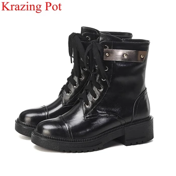 

2020 big size cow leather round toe zipper med heels women ankle boots metal punk style motorcycle boots warm winter shoe L06