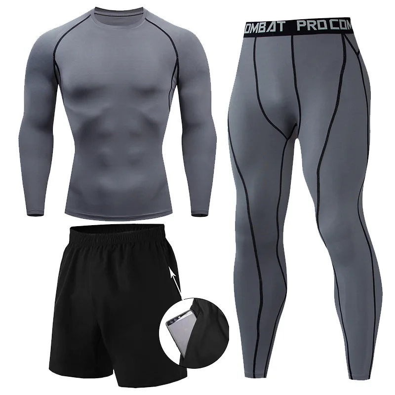 

3 Pcs/Set Men's Tracksuit Gym Fitness Compression Sports Suit Clothes Boxing Jogging man Sport Wear Exercise Workout Tights sets