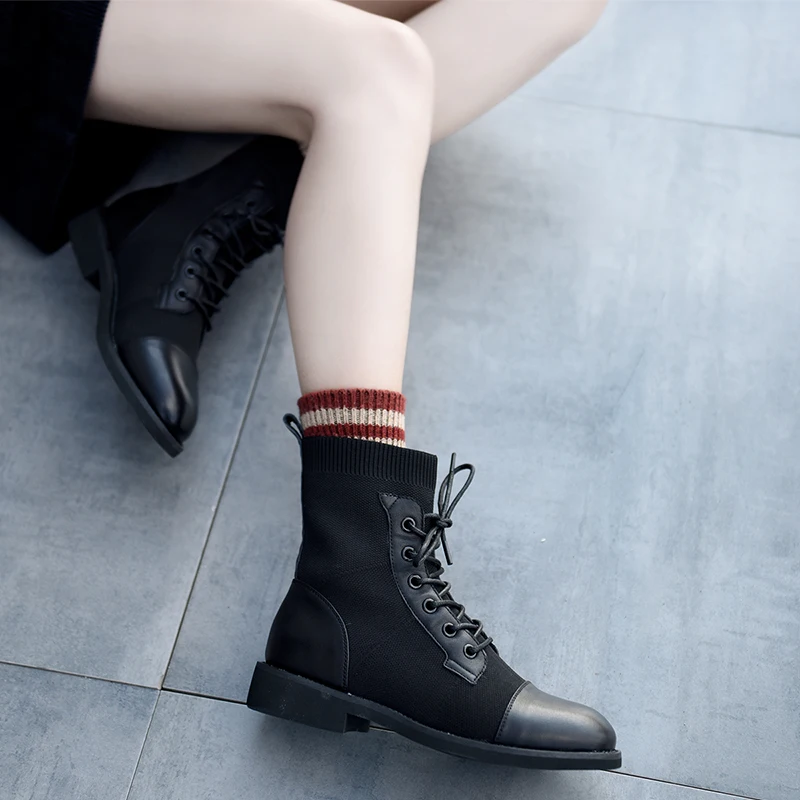 

Artmu Original Fashion Elastic Boots Low Heels Socks Women Boots Knitting Martin Boots Leisure Handmade Lace-up Ankle Boots