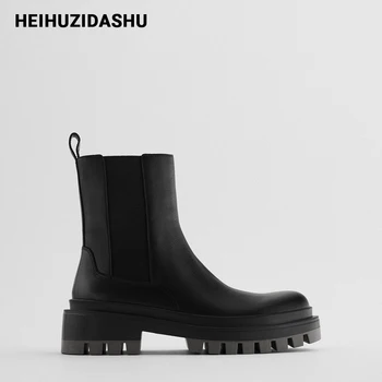 

2020 Brand Design Leather Chelsea Boots Women Slip On Ankle Boots For Women Chunky Heel Women Platform Boots Winter Shoes Woman