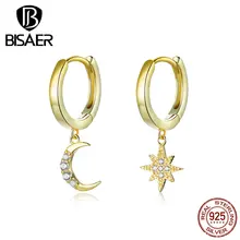 Серьги с Луной и звездой, BISAER, 925 пробы, серебряные, светящиеся, кубический циркон, Луна и звезда, женские серьги-гвоздики, ювелирное изделие, ECE785