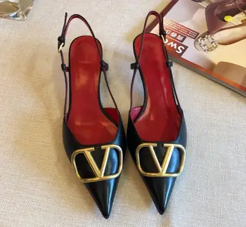 

Classic Brand New Metal V Buckle Back Fine Heel Sandals Leather Pointed Women's Shoes Middle Heel 6cm 35-42 Without Box