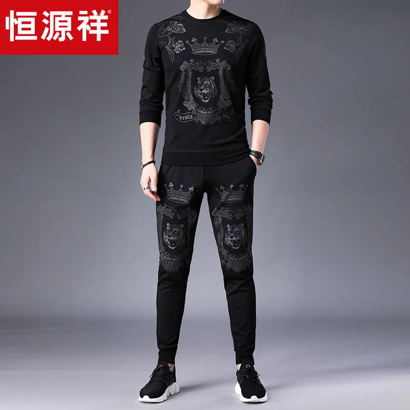 

HYX Genuine Product New Style Autumn Trend Hoodie Two-Piece Set Long Sleeve Printed Set Handsome Men'S Wear Sports Clothing
