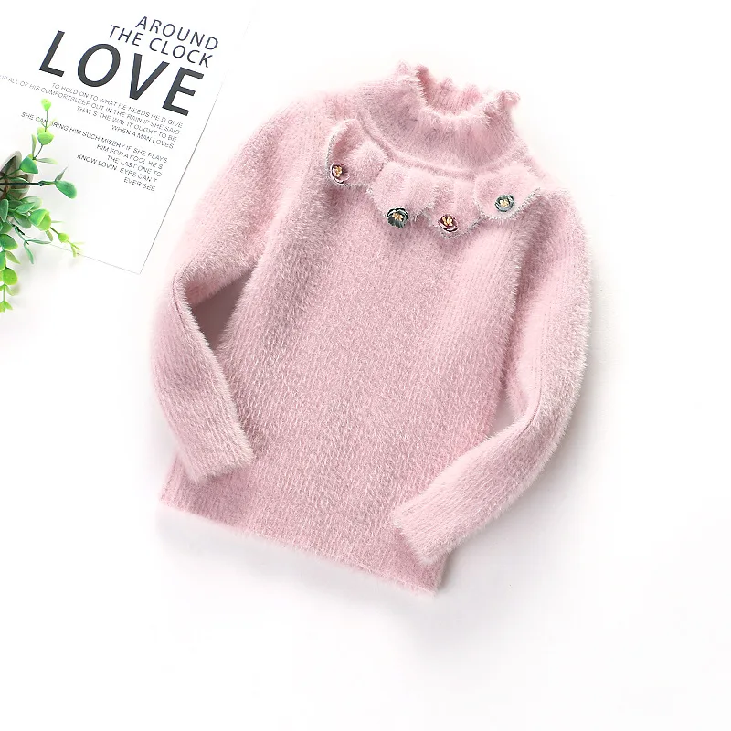 Дизайн в Корейском стиле детская одежда для девочек симпатичный воротник "Лотос" Faux норка кашемир базовый свитер осенью и зимой