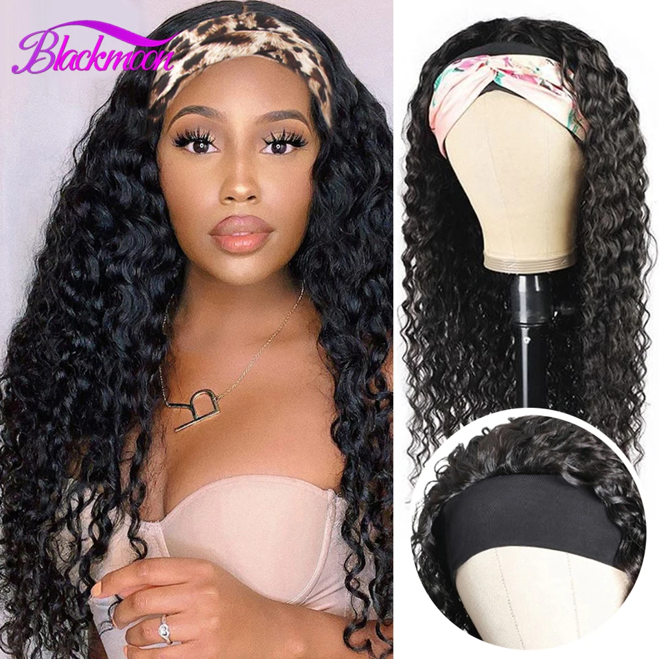 Brazilian Hair Deep Wave Headband Wigs Human Hair Glueless Wigs with