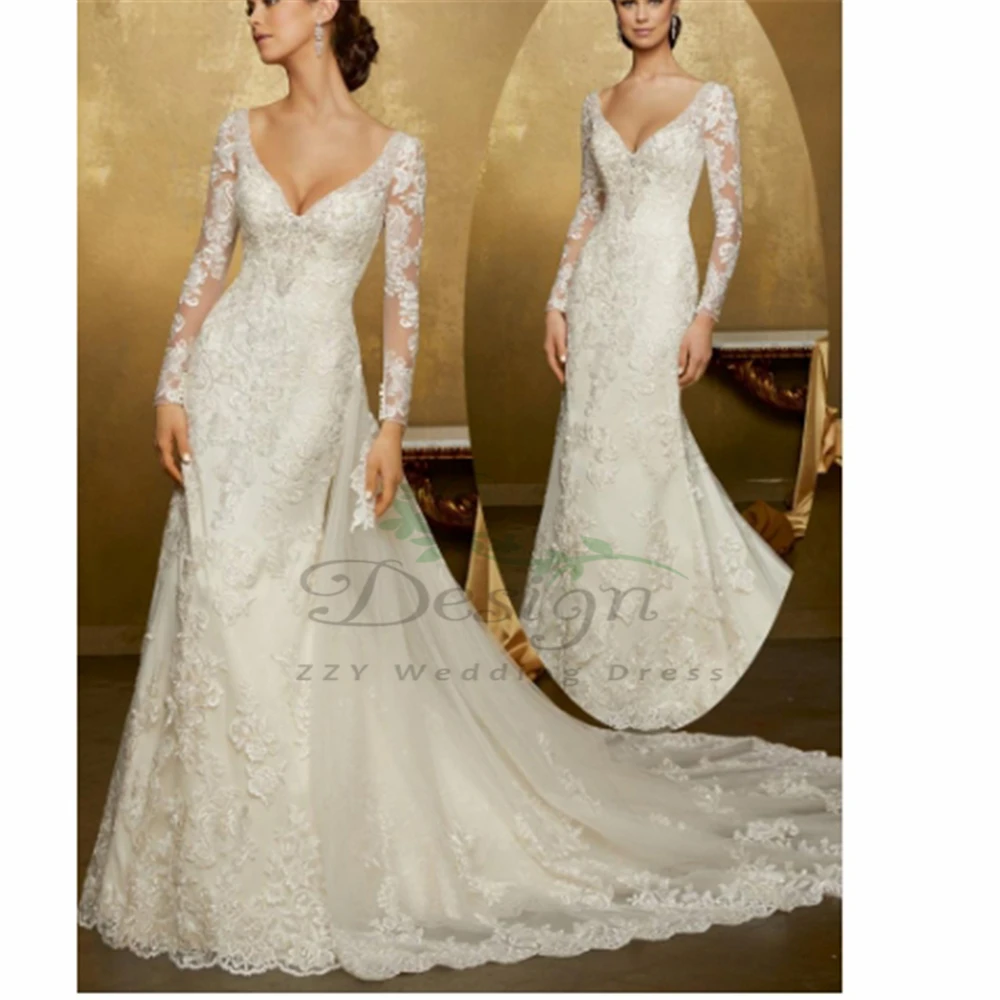 

Exquisite Amazing Deep V-Neck White Appliques Sheath dress wedding Court Train Plus Size Wedding Dresses With Detachable Skirt