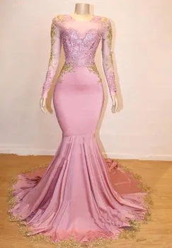

Pink Prom Dresses Mermaid Long Sleeves Appliques Beaded Long Prom Gown Evening Dresses Evening Gown