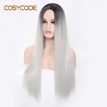 COSYCODE, длинный прямой парик для женщин, 24 дюйма, средняя часть, черный, серебряный, 2 тона, синтетический парик, не кружевной, косплей, парик