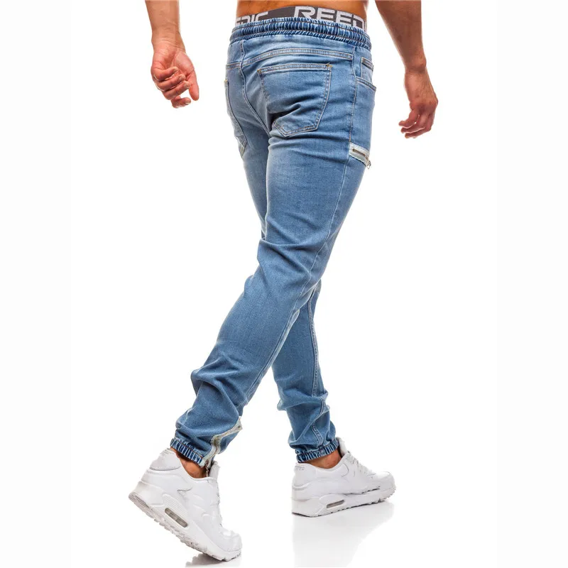KIMSERE для мужчин Hi Street эластичные штаны с несколькими молниями мода уличная джинсовые брюки эластичный пояс вымытый синий
