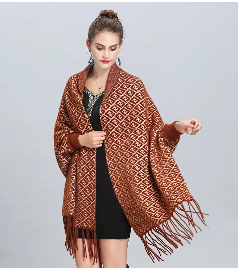 Oversize Fashion Autumn Winter Faux Imitation Knitted Poncho Women Letter 60*205cm Female Batwing Sleeves Wrap Vintage Shawl