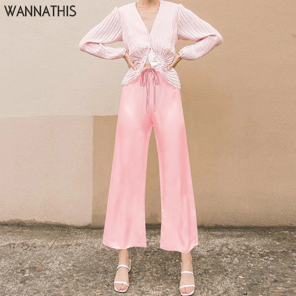

Wannathis Satin Drawstring Wide Leg Pants Women Autumn Silk Fashion Casual Loose Pink Hight Waist Flare Pant Solid Long Trousers