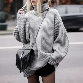 

2020 Lazy Wind Solid Color Gao Collar Lantern Long Sleeve Loose Leisure Joker Women's Knitting Sweater Female