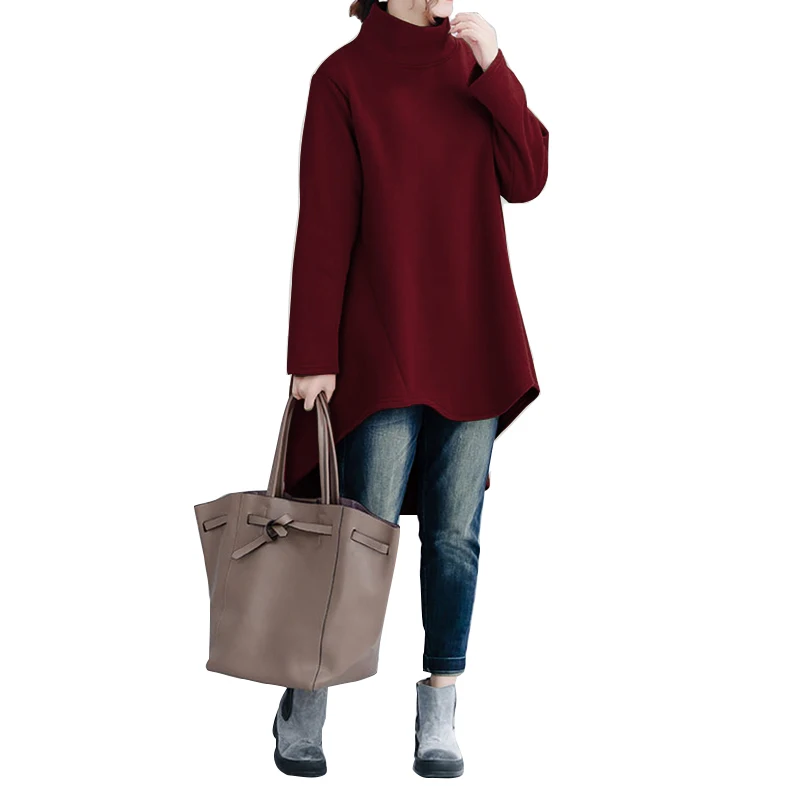 Wine Red ZANZEA Женская толстовка с высоким воротником Модный женский пуловер с длинным рукавом оверсайз Повседневная однотонная женская одежда 5XL - Цвет: Wine Red
