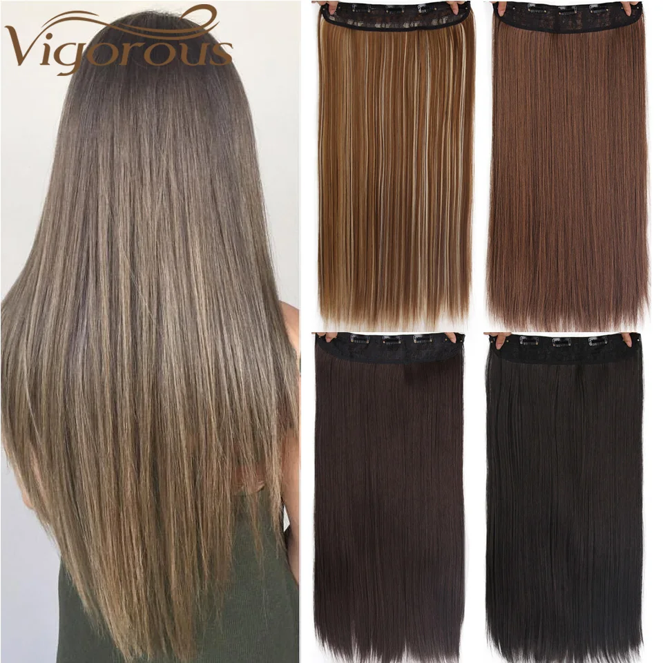 

Vigorous Brown Blonde Black Long Straight Clip in One Piece Synthetic High Temperature Synthetic 5 Clips Hair Pieces
