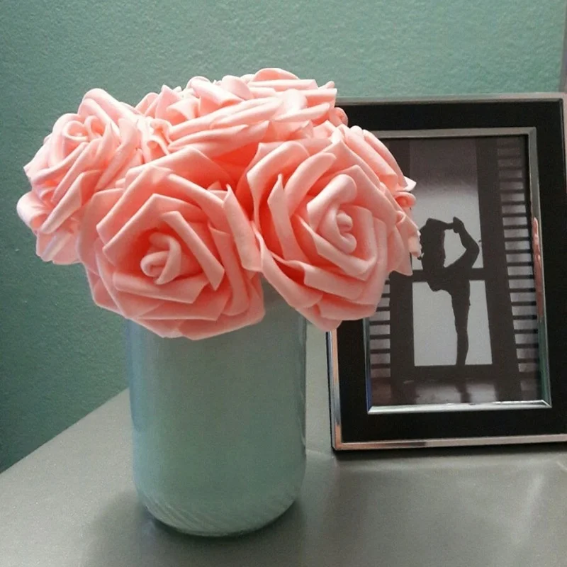 20 Heads 8cm Artificial PE Foam Rose Flowers with Stem for Wedding Party Decoration DIY Bride Bouquet Flowers Scrapbooking Craft