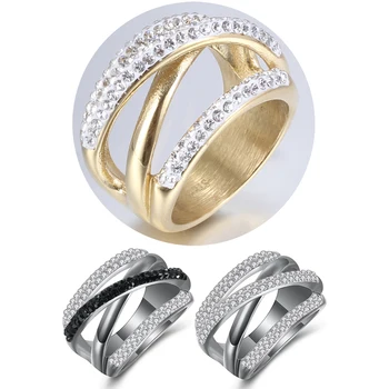 

Clear Black Color Crystal Ring For Women Vintage Stainless Steel Ring Party Female Flower Finger Jewelry