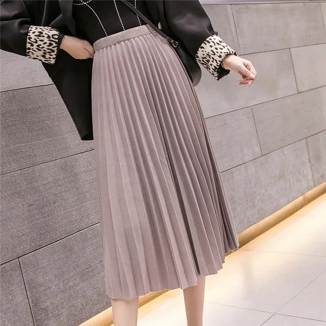 Плиссированные женские юбки с высокой талией уличная модная однотонная повседневная юбка средней длины Осенняя расклешенная трапециевидная длинная юбка Saias Faldas - Цвет: Хаки