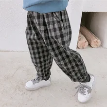 A mu hou/новые стильные осенние клетчатые штаны для малышей; хлопковые свободные осенние детские брюки; детские брюки