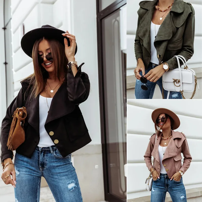 

Women Deerskin Velvet Jacket Lapel Double Button Simple Style Solid Color Spring Autumn Clothing