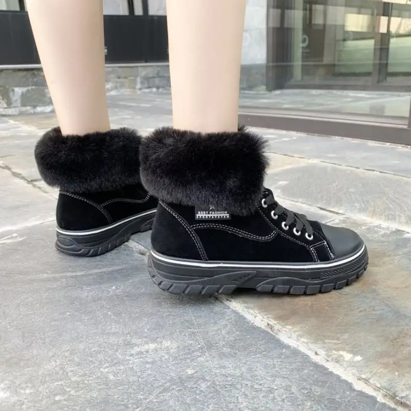 FITWEE Women Ankle Boots Winter Keep Warm Fur Flats Shoes Women Casual Lace Up Round Toe Fashion Party Short Boots Size 35-39