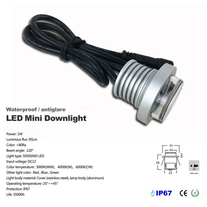 12 шт./лот 1 Вт светодиодные лампы 12V 24V IP67 Водонепроницаемый светодиодный вниз светильник на открытом воздухе утопленный потолочный светильник светодиодный точечный мини-светильник для лестничных клеток светильник