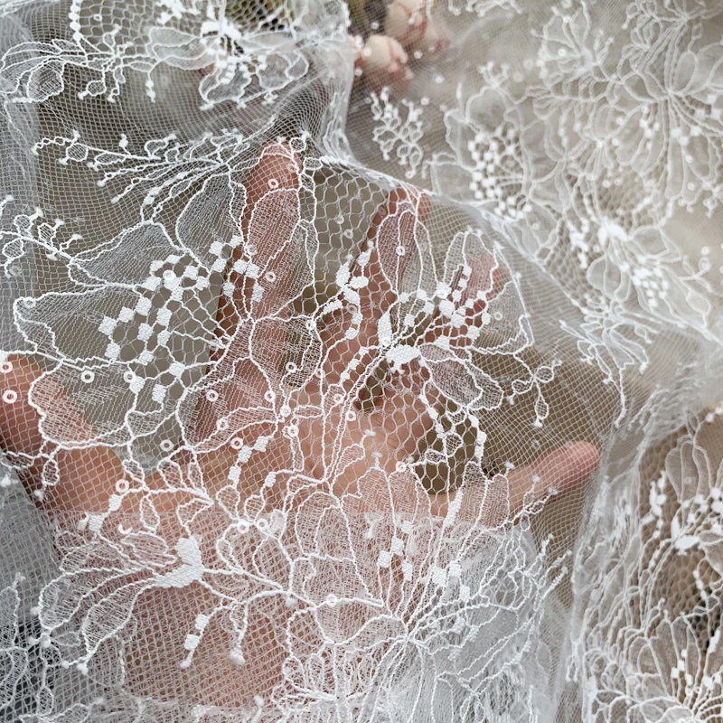 Off White Net Flowers Lace Fabric with Sequins Allover Shiny, 1.5 Meters Wide High Quality Lining Fabric 1M Free Shipping Promot