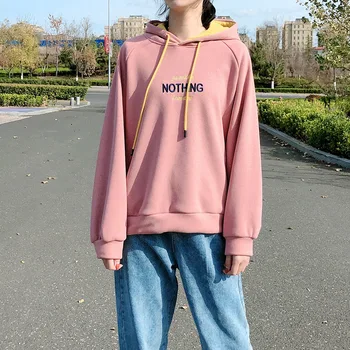 

2019 black winter new stitching color plus velvet hooded sweater women Korean letter embroidery top