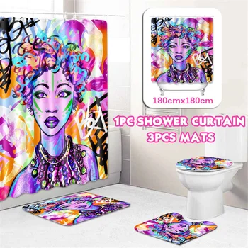 

1/3/4pcs Bathroom Non-Slip Graffiti Style Decoration - Base Carpet + Lid Toilet Cover + Bathroom Mat + Shower Curtain