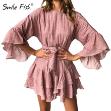 Винтажное Каскадное платье с оборками женское сексуальное мини-платье с расклешенными рукавами и поясом весна лето богемный пляжный сарафан размера плюс M0405