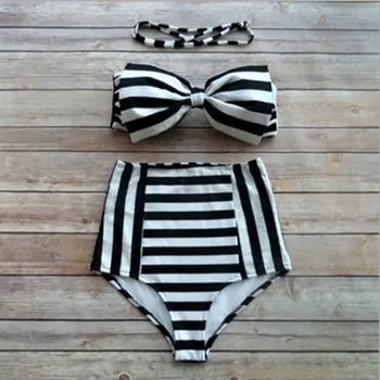 

2020 New Retro High Waist Swimsuit Striped Bow Bikini Swimsuit Beach Swimsuit