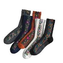 Хлопковые носки для женщин, 5 пар, цветочный принт, национальная мода, для девушек, дышащие, осень, зима, теплые носки, упаковка, повседневные носки, новинка