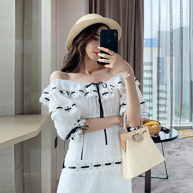 TWOTWINSTYLE элегантное кружевное лоскутное платье для женщин с круглым вырезом и пышными рукавами с высокой талией и оборками на шнуровке, тонкое мини-платье для женщин