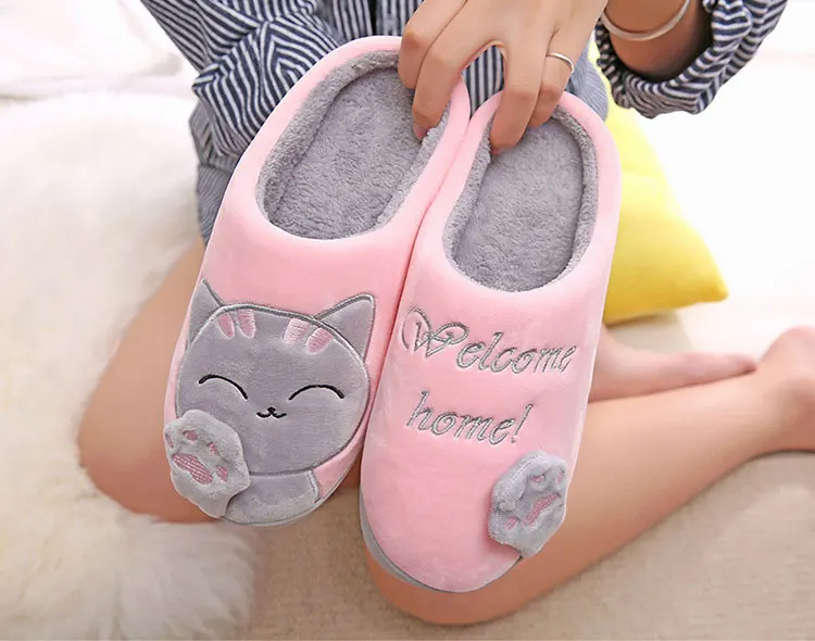 Милые тапочки с принтом кота; домашние короткие плюшевые теплые тапочки; домашняя обувь; женская обувь из мягкого хлопка; большой размер 45