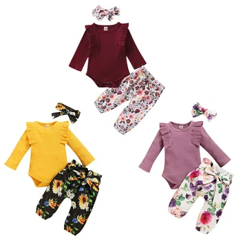 

Autumn Baby Girl Solid Color Romper Tops Floral Pants Headband 3pcs Outfits Sets Infant Kids Spring Clothes