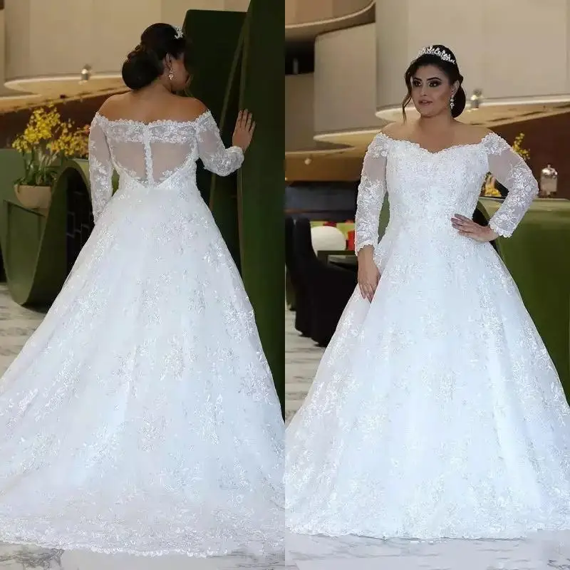 plus size off the shoulder long sleeve wedding dress