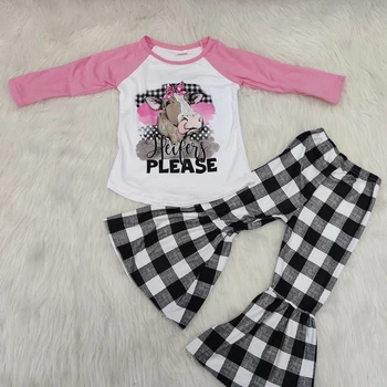 

Baby girls free shipping heifer pink design top shirt raglan bell bottoms pants ready to ship kids outfits clothing sets