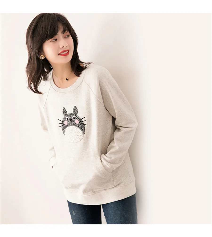 Новинка Kawaii Totoro, Женская хлопковая толстовка, вышивка в виде животных, Осень-зима, повседневная верхняя одежда, пуловер, спортивный пуловер с круглым вырезом, женские пуловеры