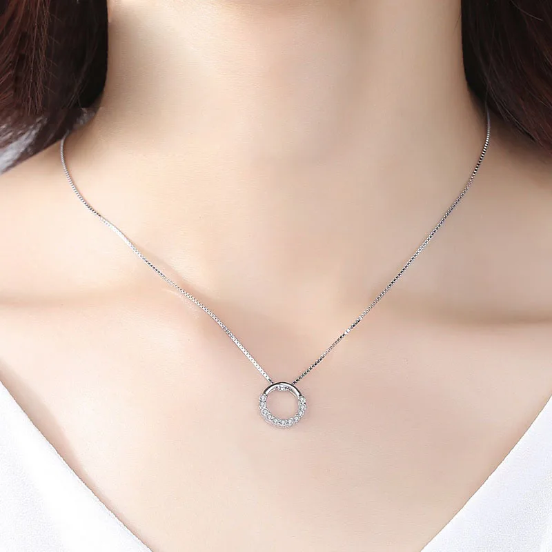 Hot Fashion Fine Round Rhinestone CZ Pendant Necklaces 925 Sterling Silver Semi Circle Zircon Choker Necklace Women Jewelry Gift