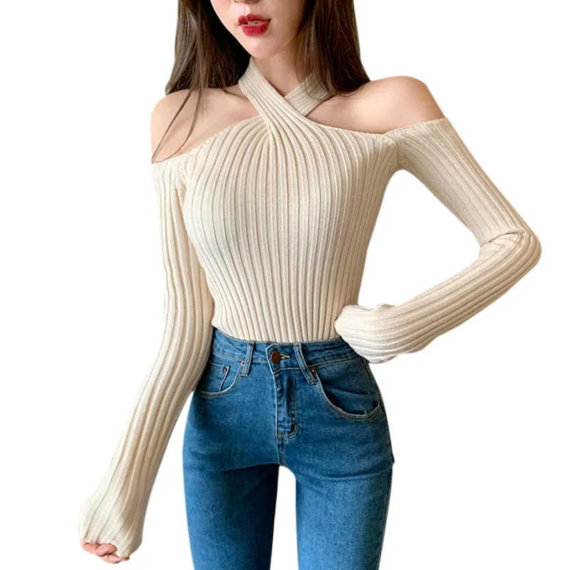 

Women's Sexy One-Line Neck Open-Shoulder Sweater Cross Strap Pullover Sweater Ladies Autumn/Winter Knitwear Size