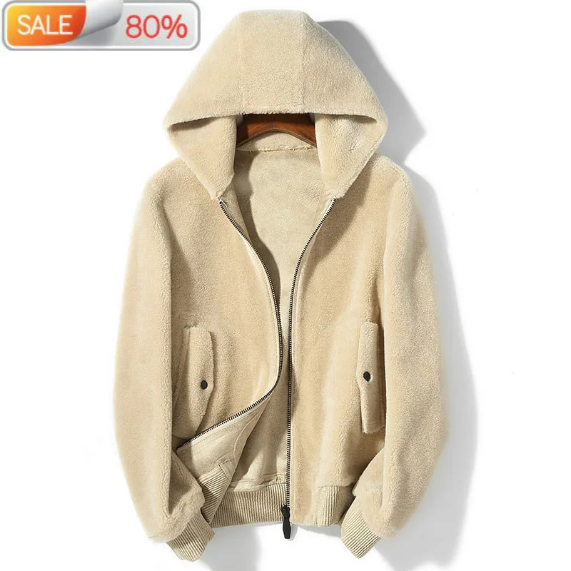 

Real Men Hooded Short Autumn Winter Jacket Sheep Shearing 100% Wool Fur Coat Chaqueta Hombre Invierno K9SYJI003
