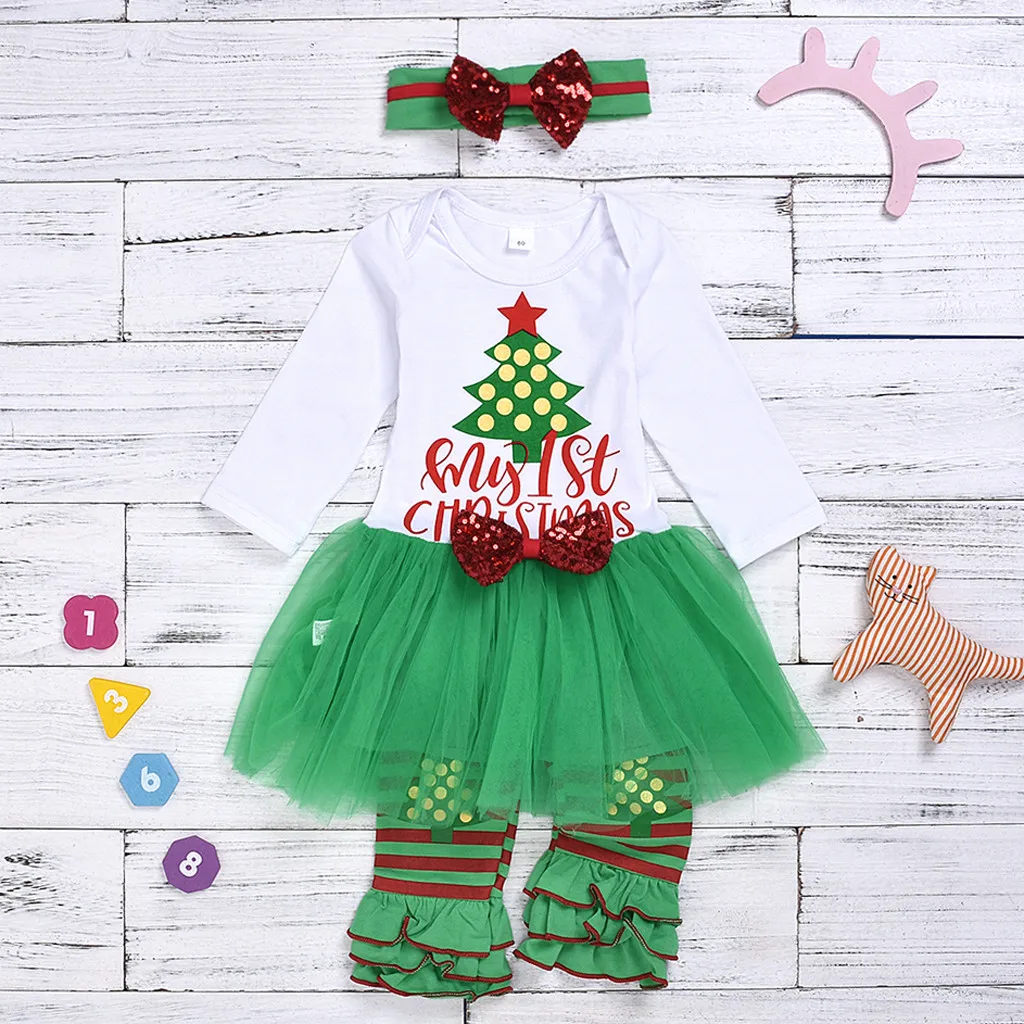 Рождественские наряды для новорожденных; одежда для маленьких девочек; платье из тюля с длинными рукавами и надписью «Рождественская елка»; повязка на голову; комплект зимних носков для малышей