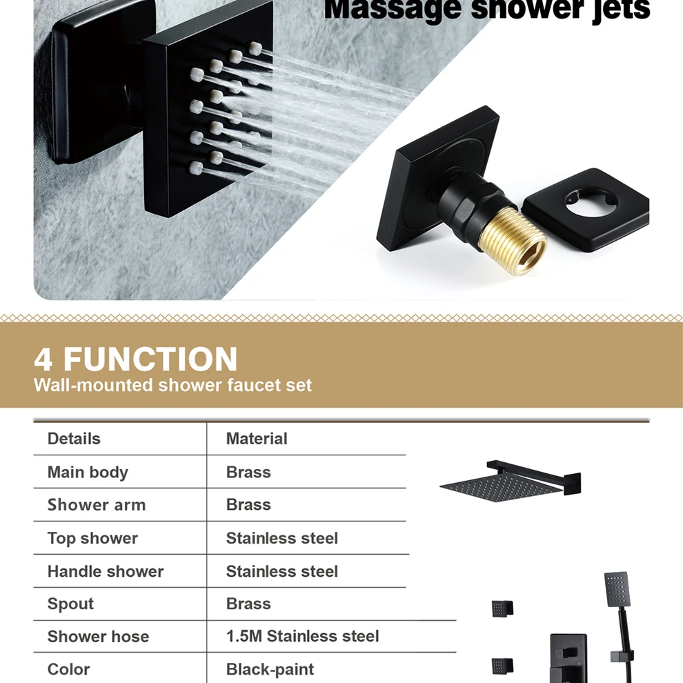 Black Ultra-thin Rainfall Showerhead Hot Cold Brass Embedded Shower Valve Bathroom Shower Faucets With Shower Body Jets Massage