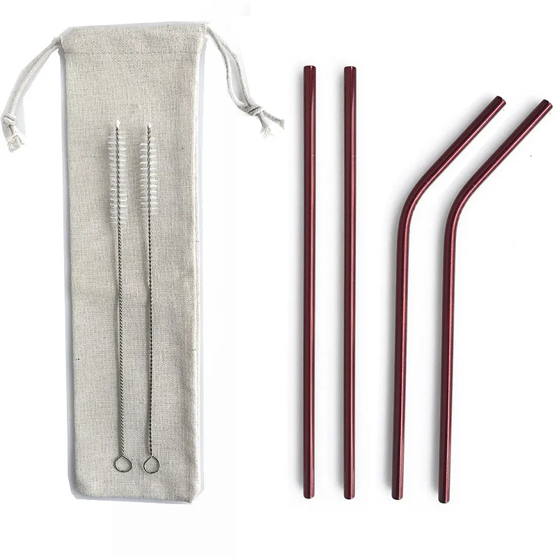Red 7Pcs 7 шт многоразовая 215*6 мм металлическая трубочка трубочки для питья 304 нержавеющая сталь Изогнутая прямая соломинка для напитков бар вечерние оптом с мешочком - Цвет: Red 7Pcs