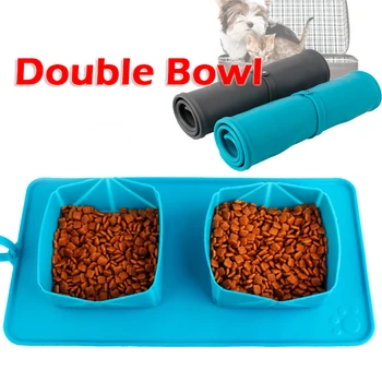 

Soft Pet cats Feeder Outdoor Portable Travel Double Bowl Cats Collapsible Silicone Bowl Folding Feeding Dogs Bowl Mat Water Dish