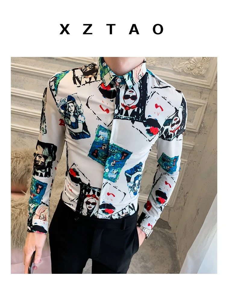 Рубашка для мужчин осень мужские рубашки с длинным рукавом Camisa Повседневное Slim Fit рубашки для мальчиков с принтом с героями из мультфильма уличная мода, вечеринки гавайская рубашка
