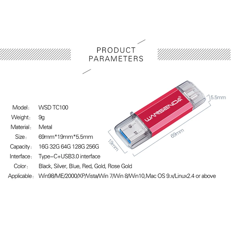 WANSENDA 2 в 1 type-C USB 3,0 флеш-накопители 512 ГБ 256 ГБ 128 ГБ флеш-накопитель для type C Android/PC 32 Гб 64 Гб флешки OTG